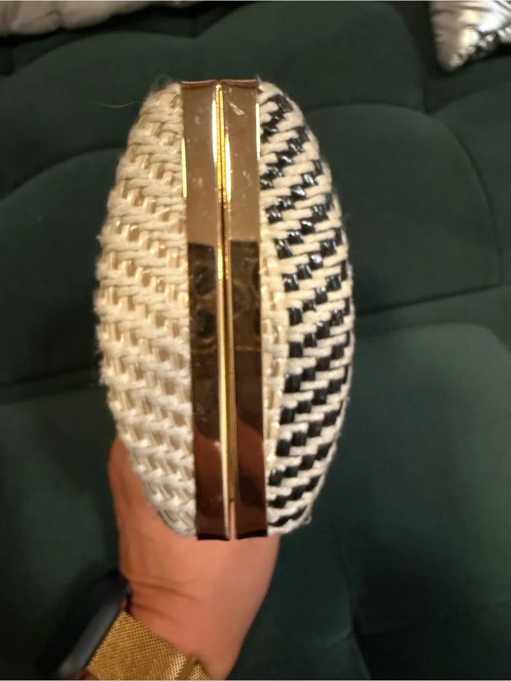 Woven Black & Cream Clutch with Crystal Clasp